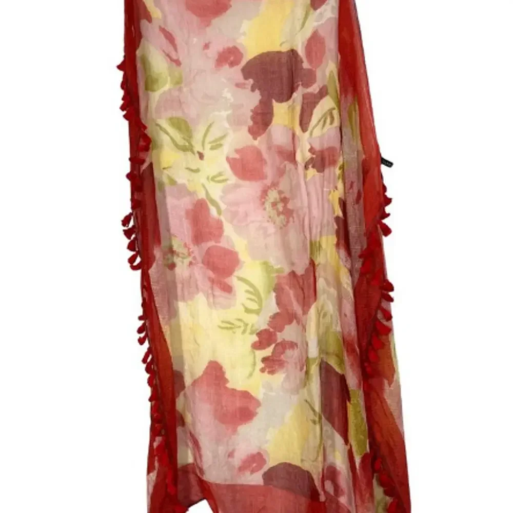 Talbots Red Floral Tassel Scarf 71x27 Silk‎ Wool Cashmere Blend Lightweight Wrap